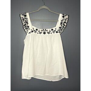 LOFT Shirt Womens 2XL White Black Embroidered Flutter Sleeve Square Neck Boho
